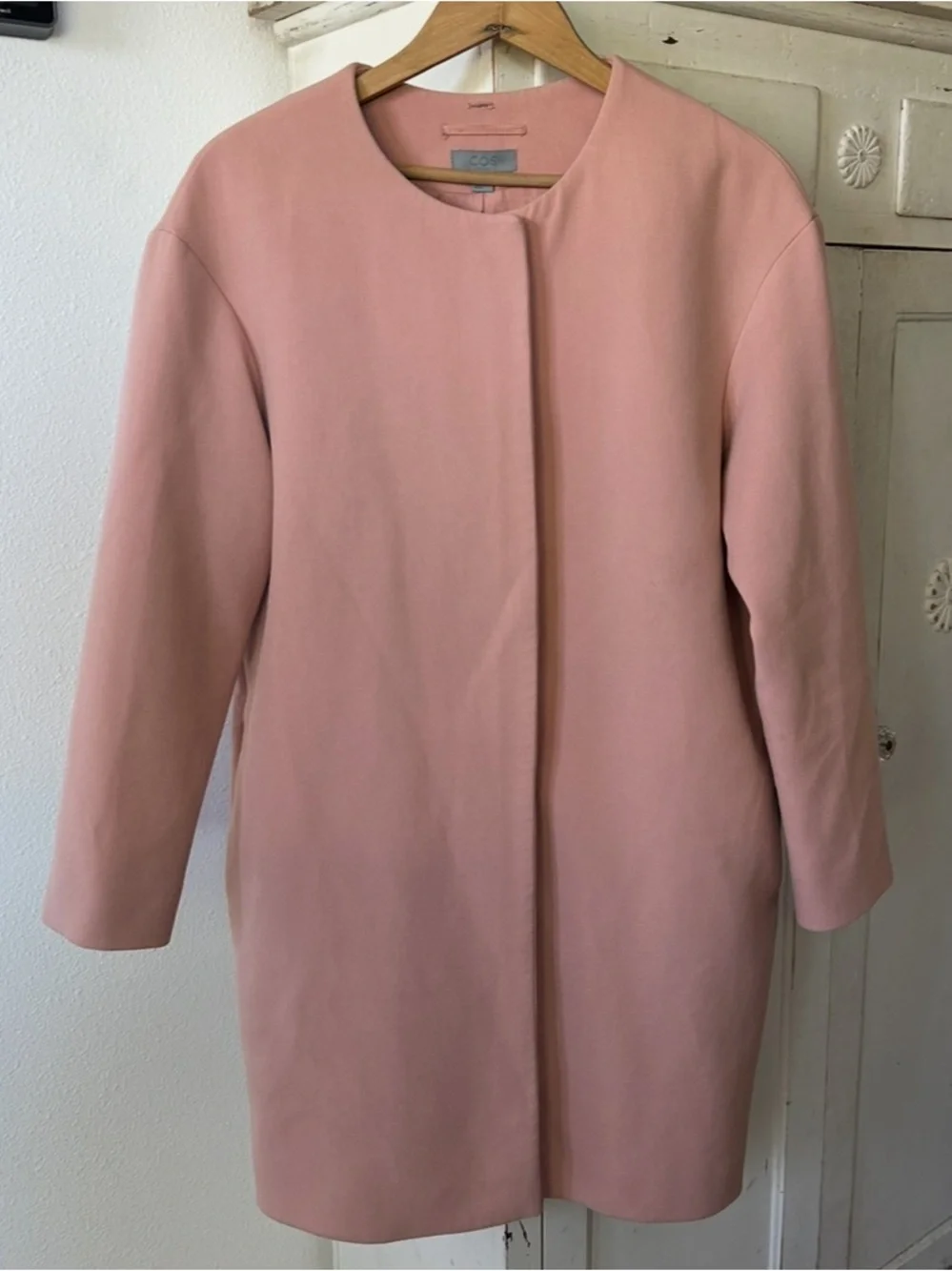 COS | Women’s Blush Pink Soft Minimalist Collarless Hidden Zip Front Coat Size 4